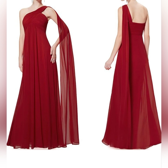 David's Bridal One Shoulder Ruched Bust Empire Waist Gown Sz 10 Red EUC - Picture 2 of 11